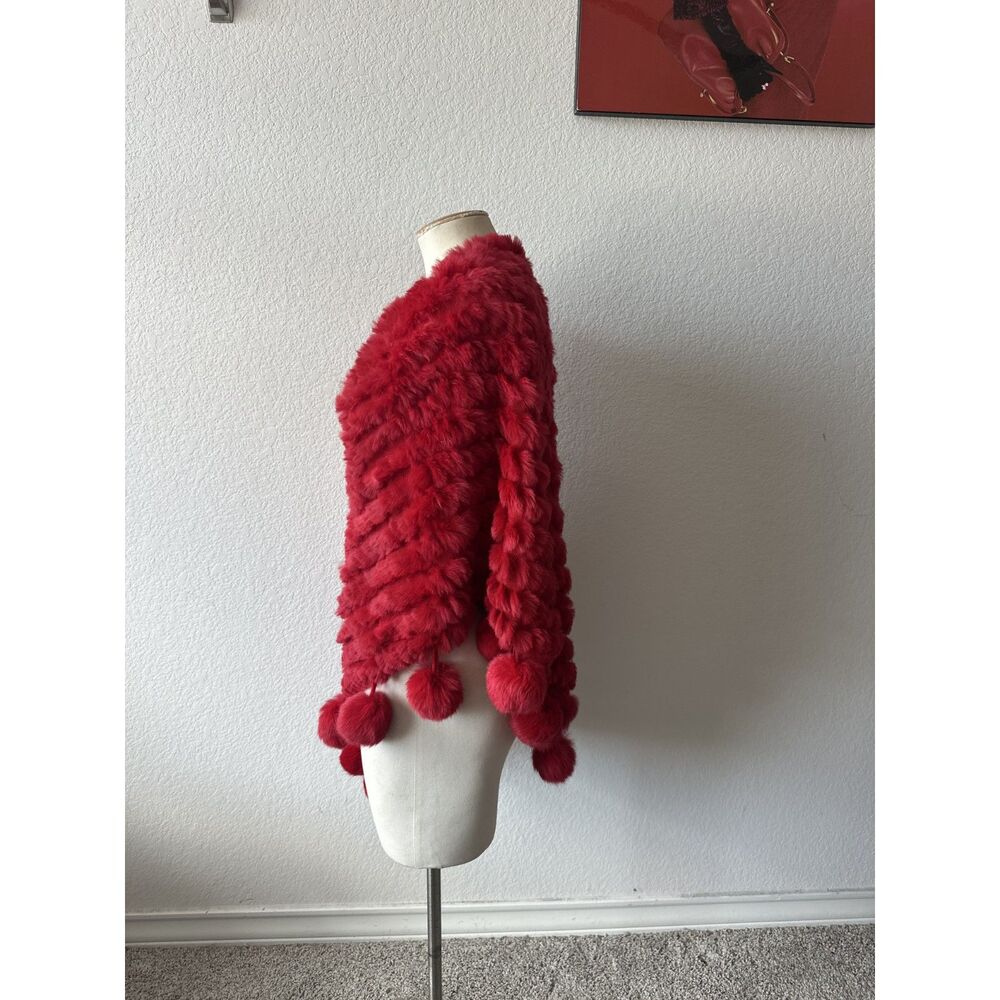 Red Knitted Rabbit Fur Poncho - Picture 3 of 4